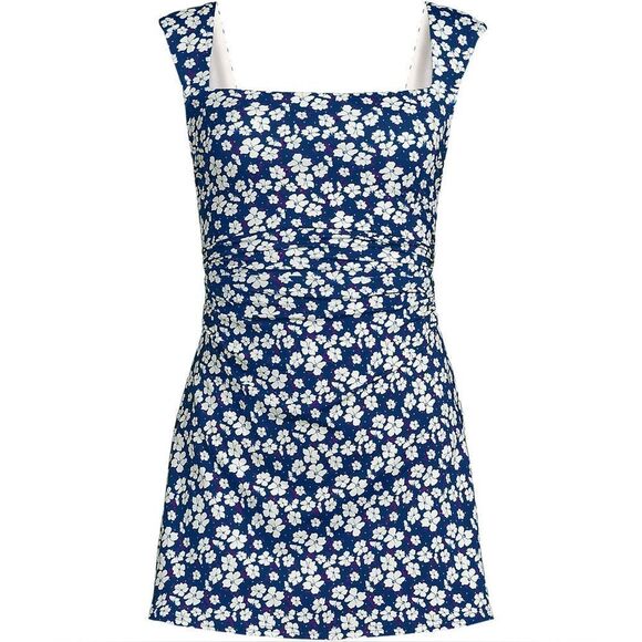 Land's End Plus Smoothing Square Neck Ruched 1 piece Swimuit indigo paisley Var - Picture 1 of 7